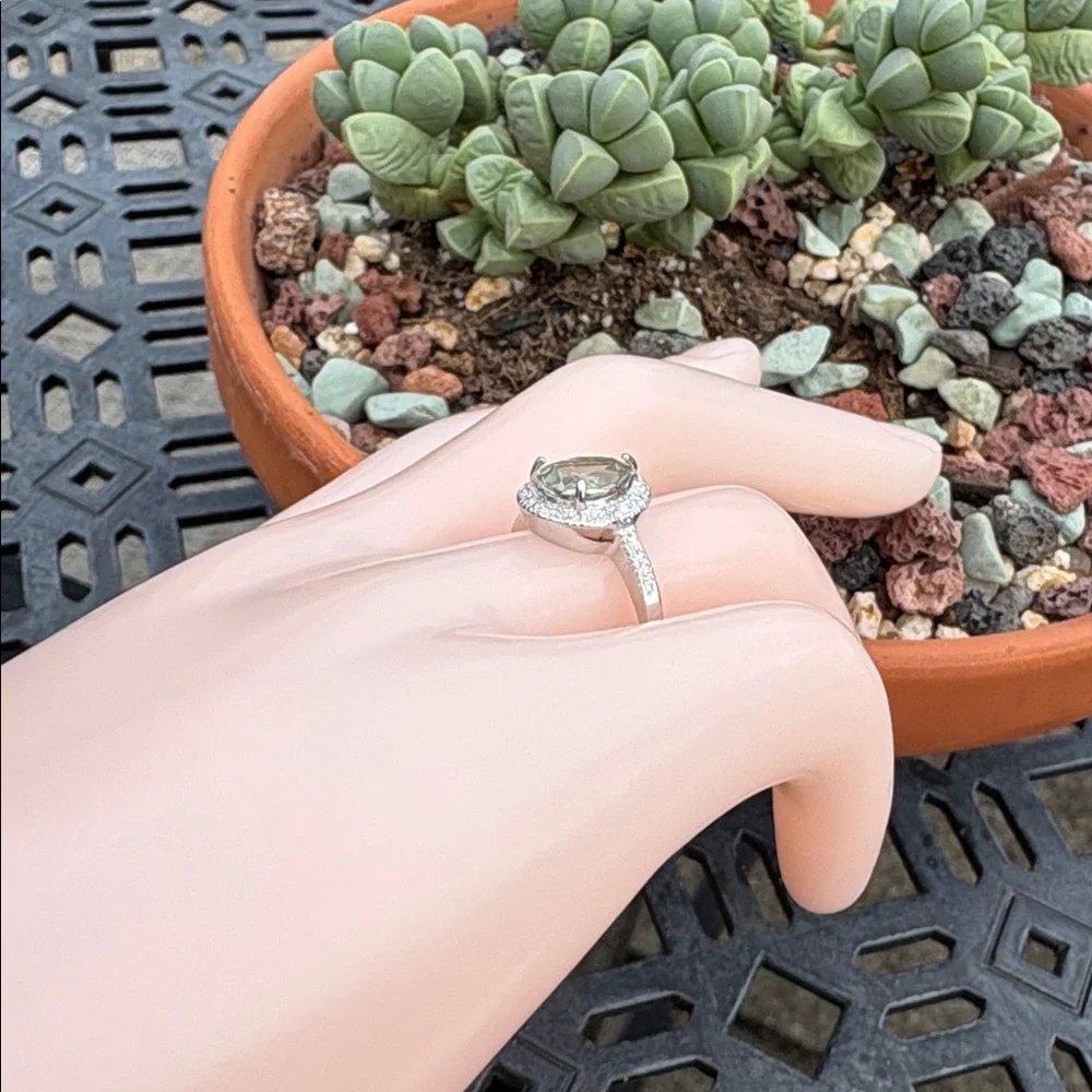 Genuine Natural Prasiolite Diamond Ring Sterling Silver Pear Cut Halo Sze 7